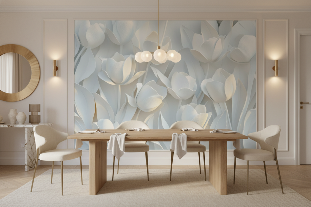 Papier peint tulipes blanches et beiges style moderne élégant - Salle à manger