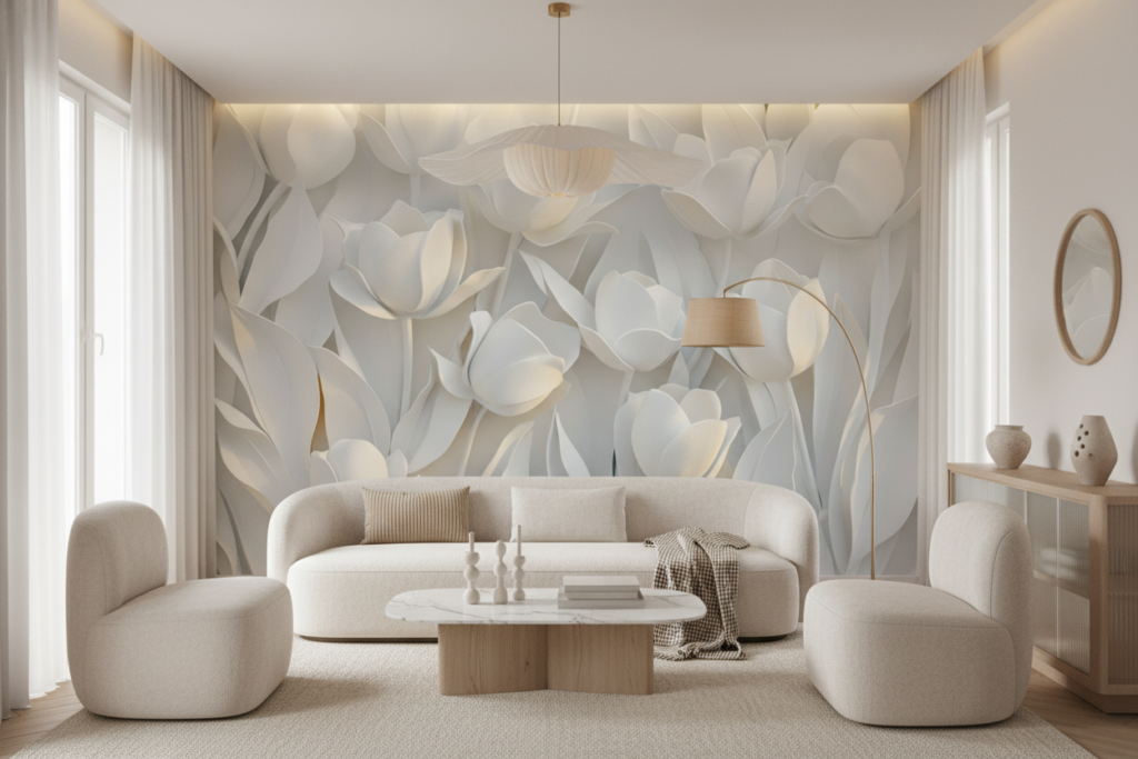 Papier peint tulipes blanches et beiges style moderne élégant - Salon / Séjour