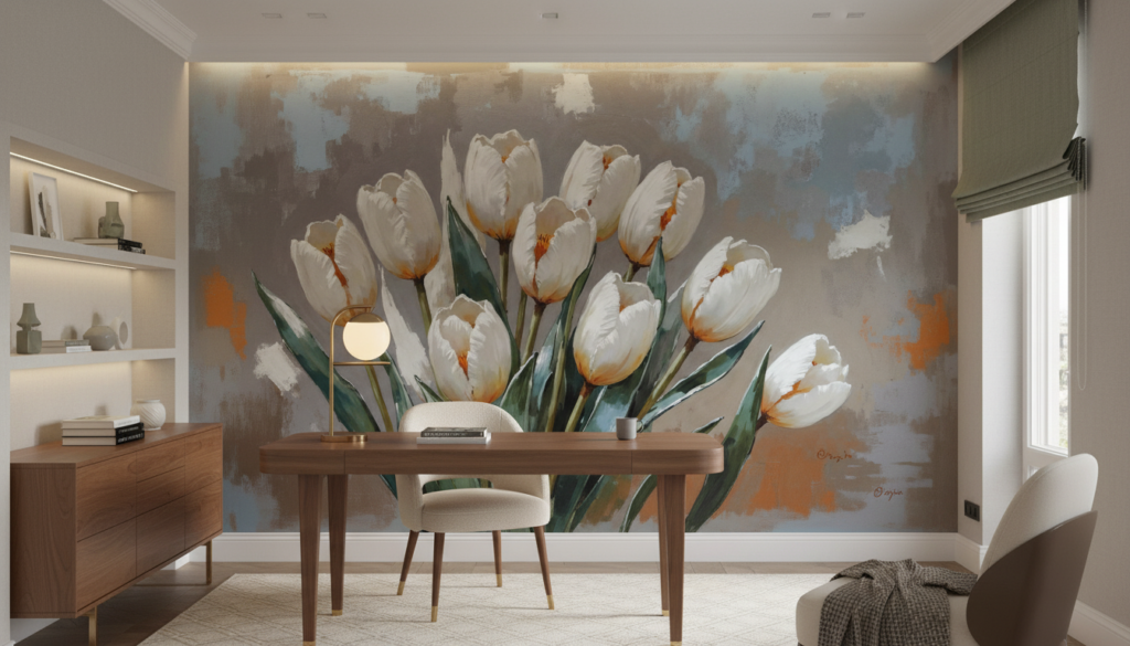 Papier peint tulipes blanches orangées style artistique contemporain - Bureau