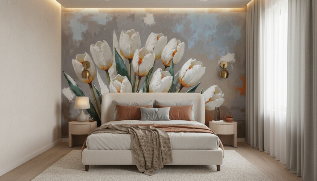 Papier peint tulipes blanches orangées style artistique contemporain - Chambre adulte