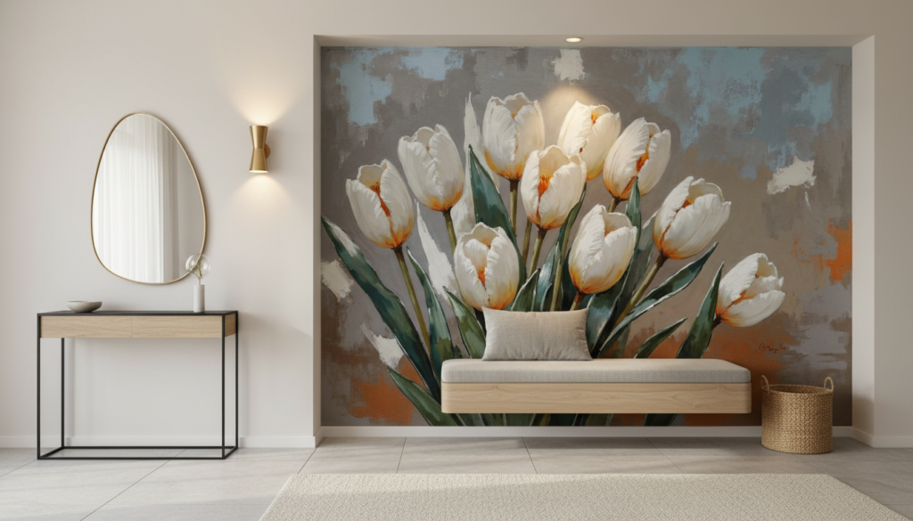 Papier peint tulipes blanches orangées style artistique contemporain - Entrée
