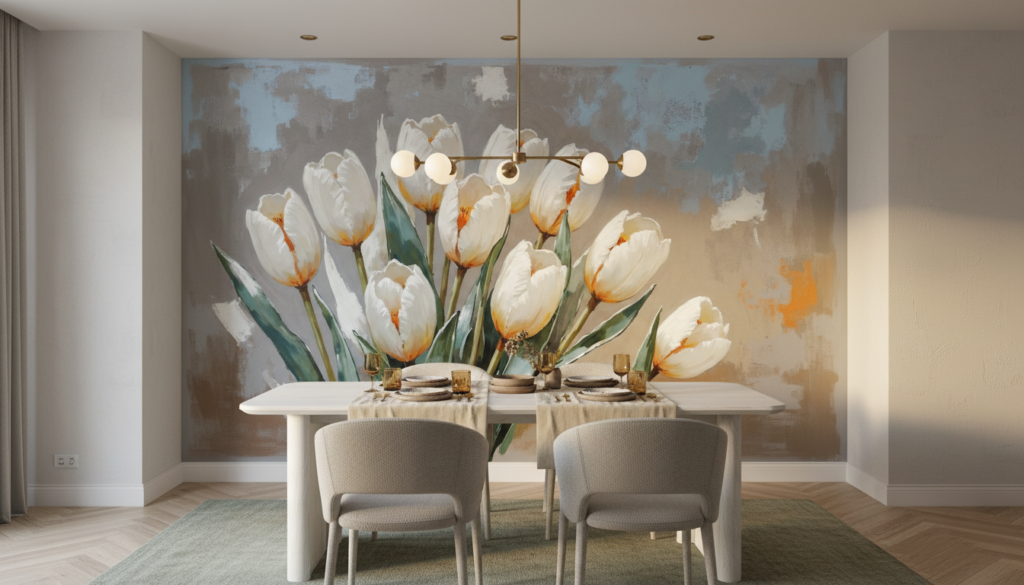 Papier peint tulipes blanches orangées style artistique contemporain - Salle à manger