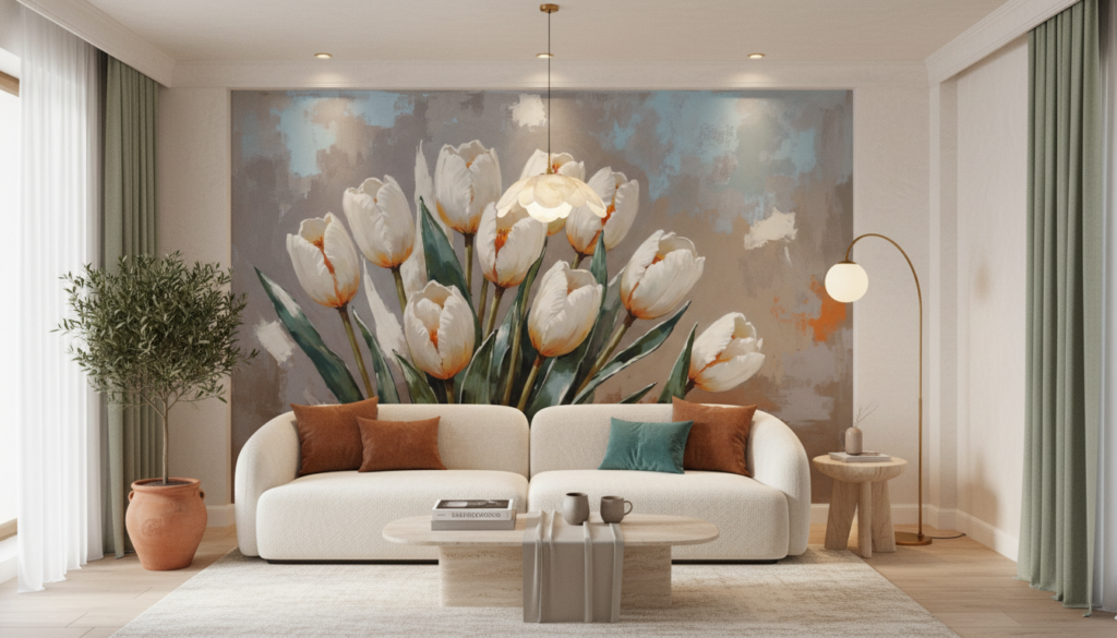 Papier peint tulipes blanches orangées style artistique contemporain - Salon / Séjour