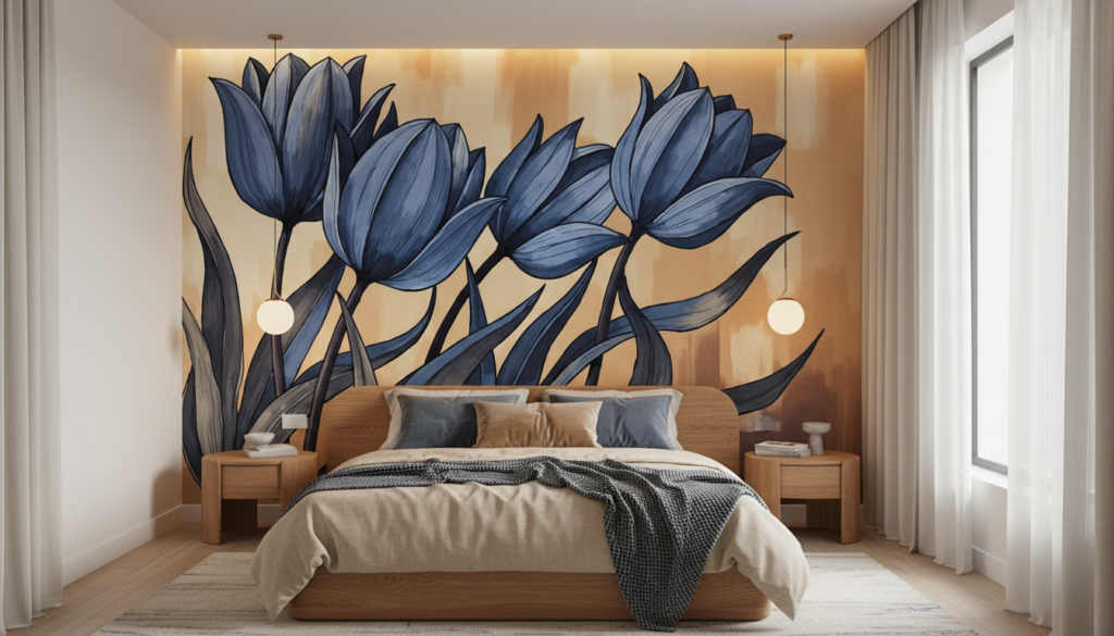 Papier Peint Tulipes Bleues Élégantes sur Fond Beige Chaleureux - Chambre adulte