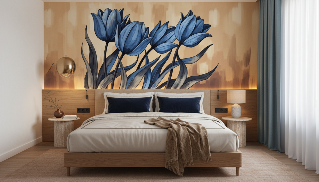 Papier Peint Tulipes Bleues Élégantes sur Fond Beige Chaleureux - Hôtel