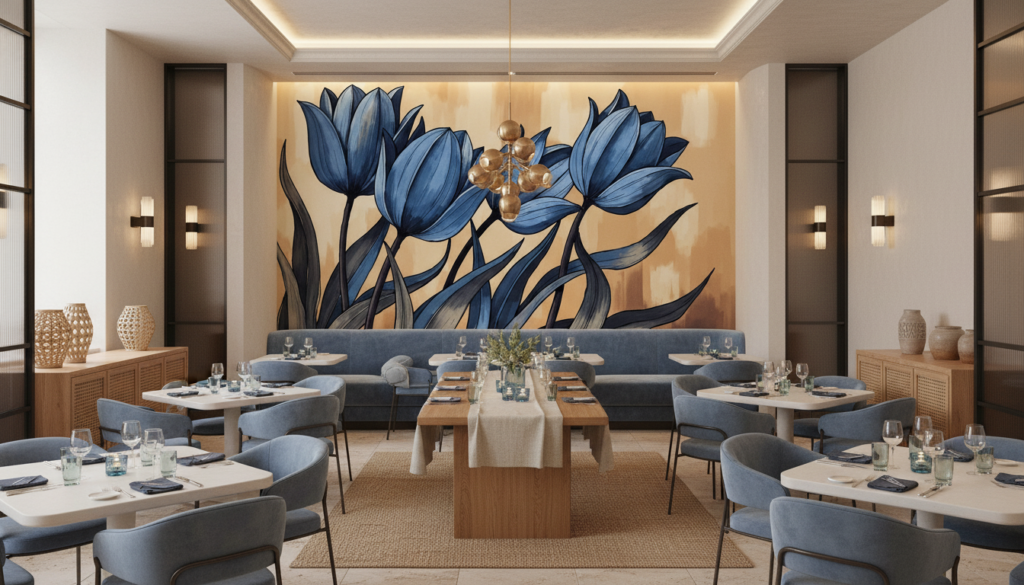 Papier Peint Tulipes Bleues Élégantes sur Fond Beige Chaleureux - Restaurant