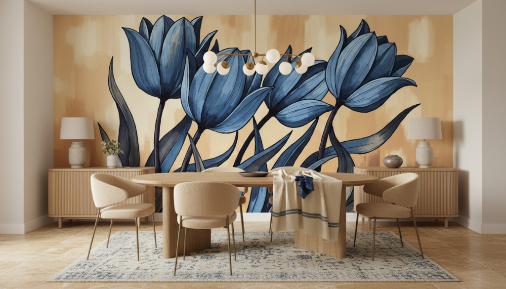 Papier Peint Tulipes Bleues Élégantes sur Fond Beige Chaleureux - Salle à manger