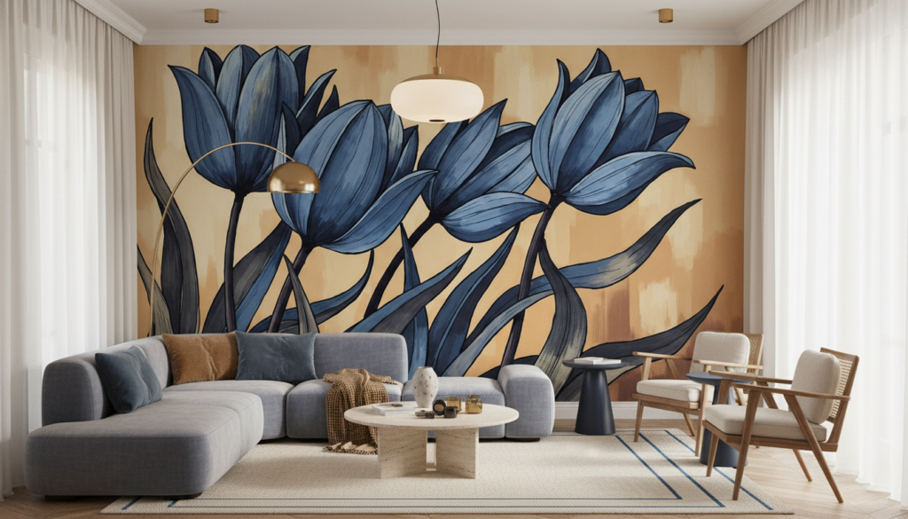 Papier Peint Tulipes Bleues Élégantes sur Fond Beige Chaleureux - Salon / Séjour