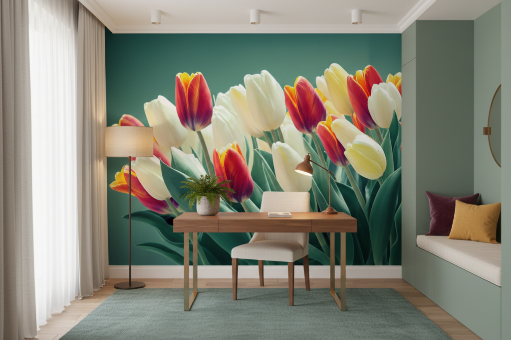 Papier peint tulipes multicolores éclatantes jardin fleuri printanier - Bureau