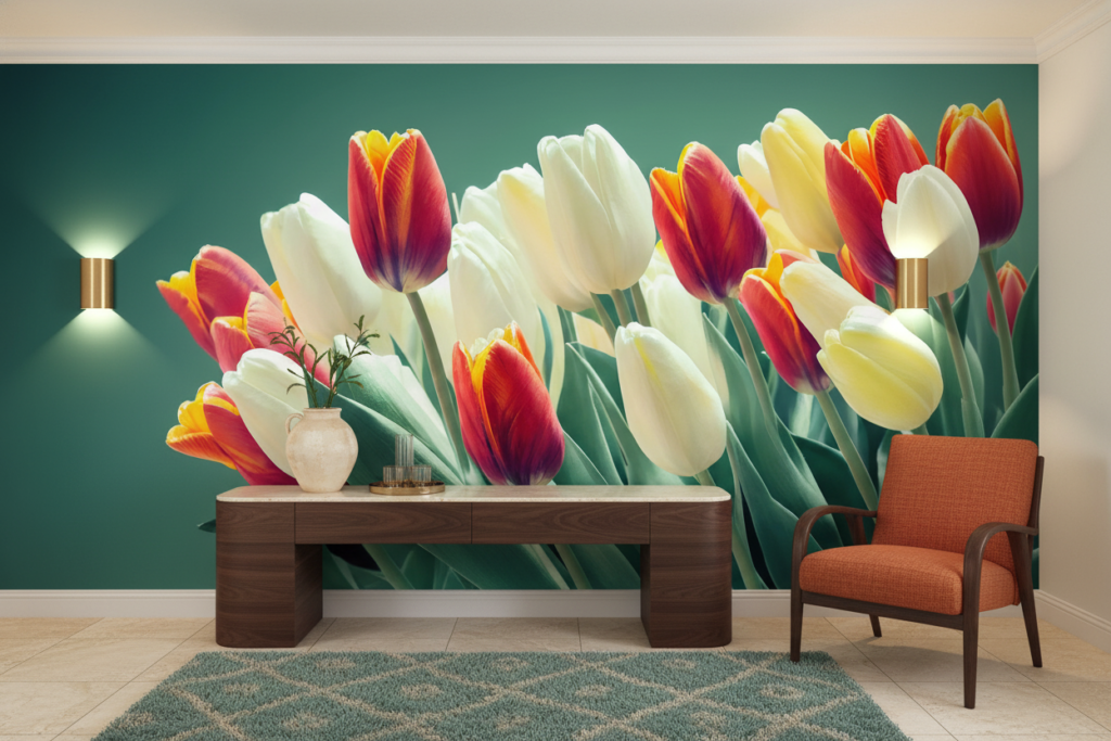 Papier peint tulipes multicolores éclatantes jardin fleuri printanier - Entrée