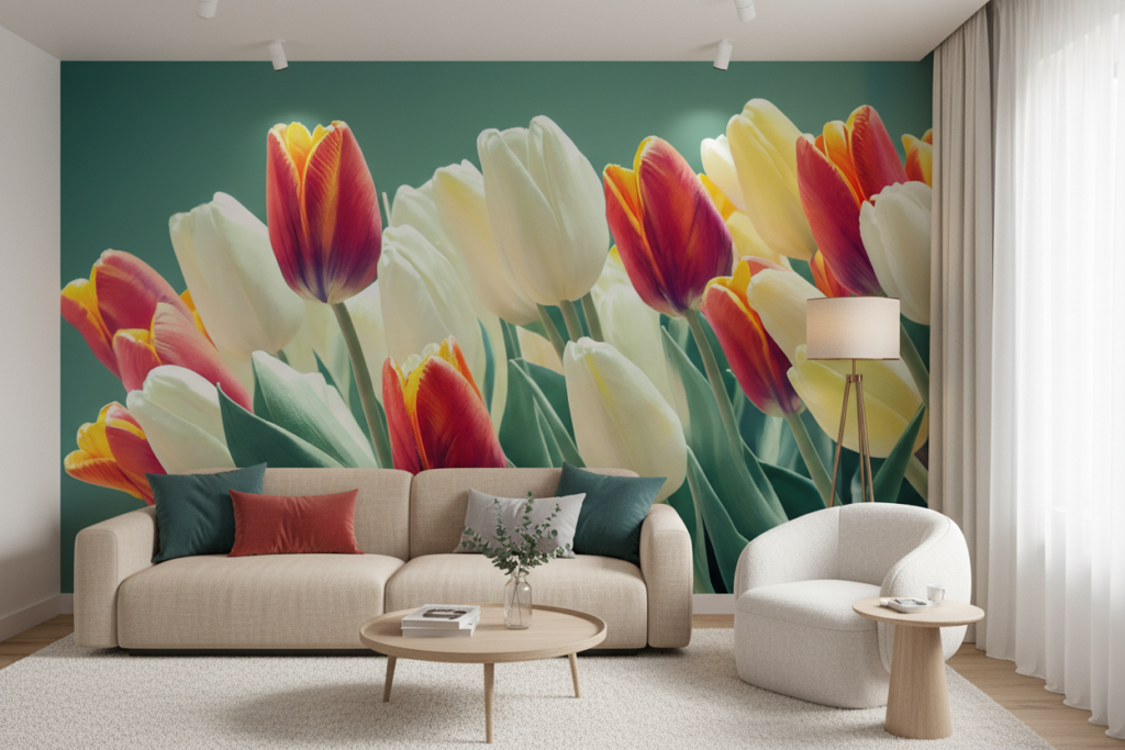 Papier peint tulipes multicolores éclatantes jardin fleuri printanier - Salon / Séjour