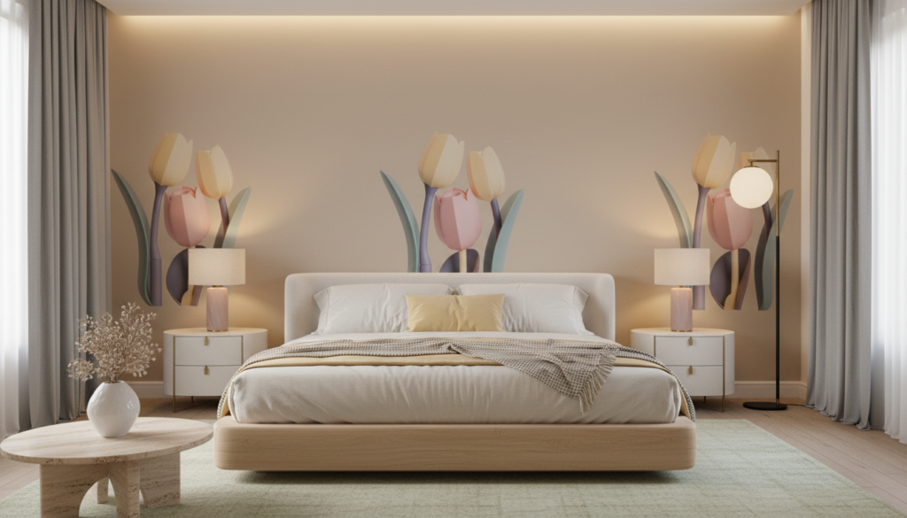 Papier peint tulipes pastel artistiques fond beige minimaliste - Chambre adulte