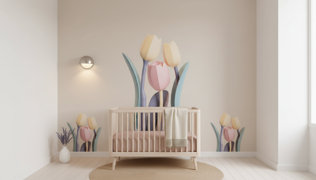 Papier peint tulipes pastel artistiques fond beige minimaliste - Chambre bébé