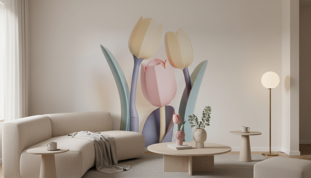Papier peint tulipes pastel artistiques fond beige minimaliste - Salon / Séjour