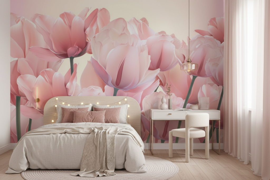Papier Peint Tulipes Rose Tendre Ambiance Romantique Florale - Chambre ado