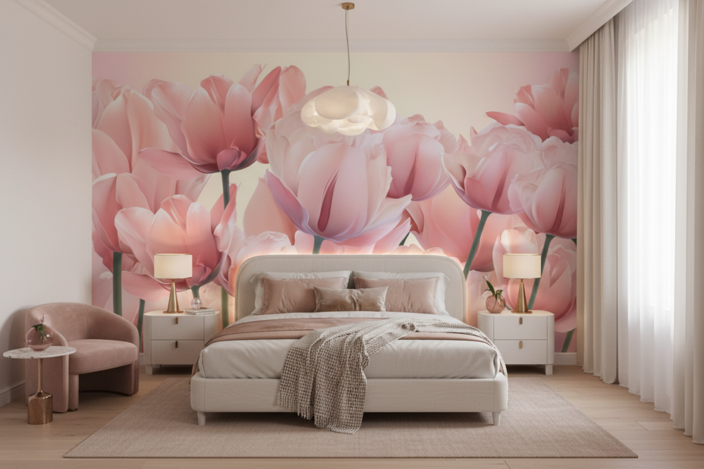 Papier Peint Tulipes Rose Tendre Ambiance Romantique Florale - Chambre adulte