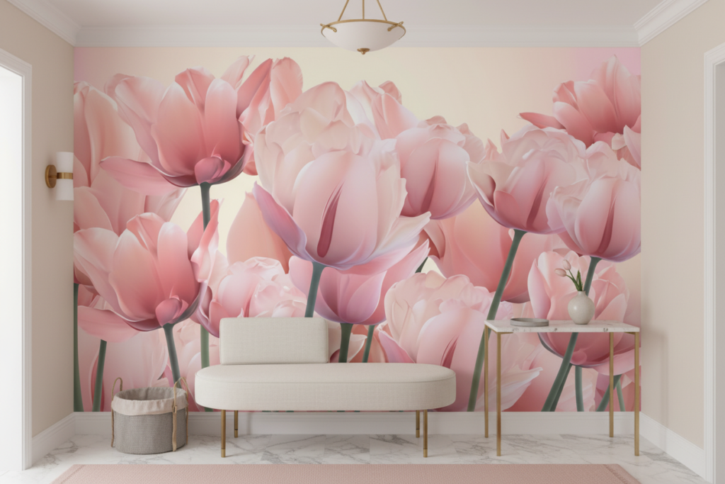 Papier Peint Tulipes Rose Tendre Ambiance Romantique Florale - Entrée
