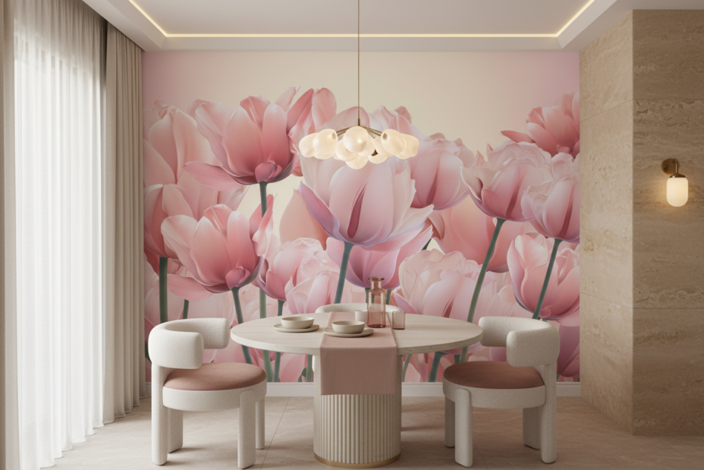 Papier Peint Tulipes Rose Tendre Ambiance Romantique Florale - Salle à manger