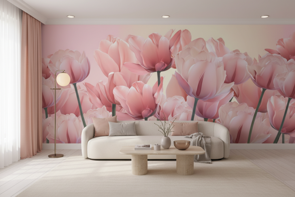 Papier Peint Tulipes Rose Tendre Ambiance Romantique Florale - Salon / Séjour
