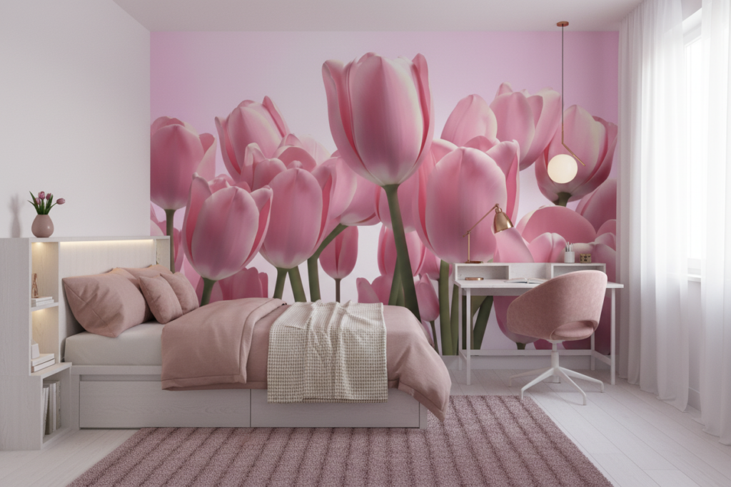 Papier peint tulipes roses délicates sur fond doux pastel - Chambre ado