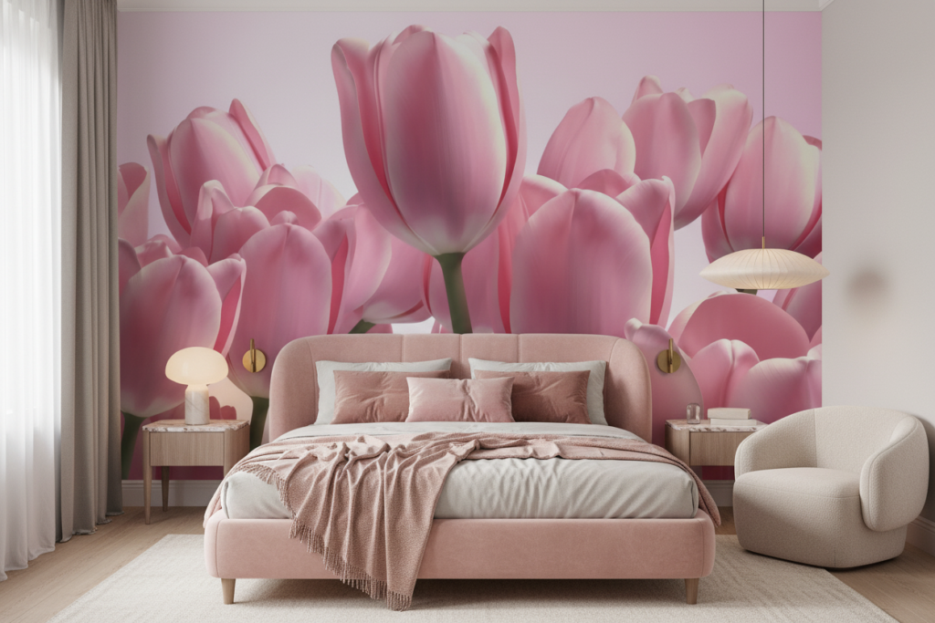 Papier peint tulipes roses délicates sur fond doux pastel - Chambre adulte