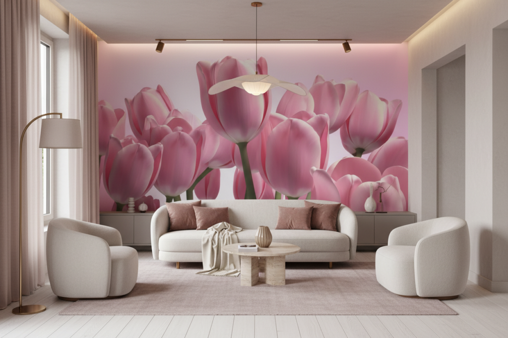 Papier peint tulipes roses délicates sur fond doux pastel - Salon / Séjour