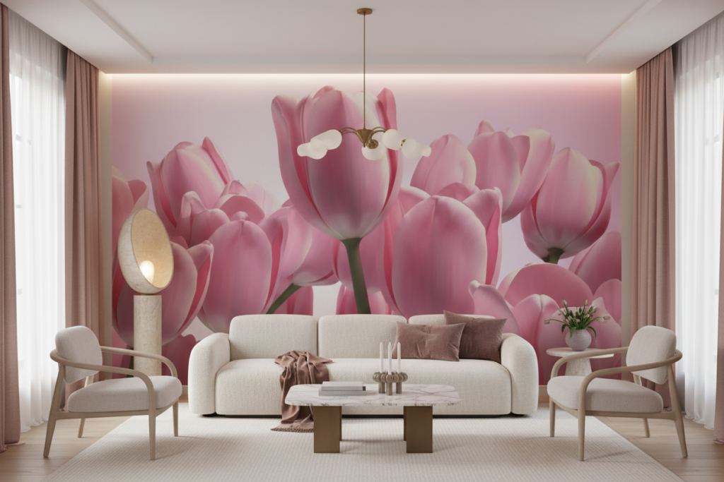 Papier peint tulipes roses délicates sur fond doux pastel - Salon / Séjour