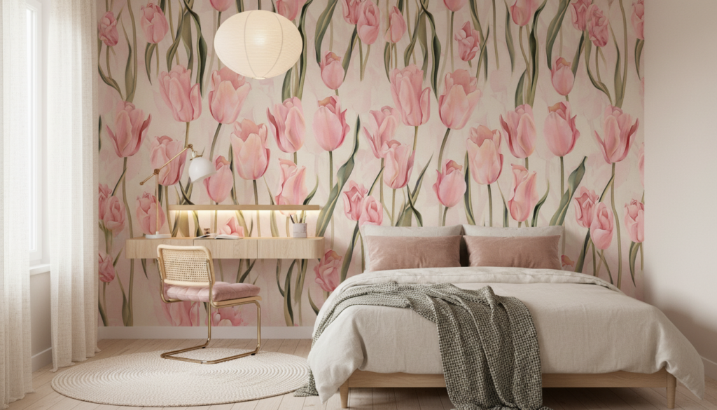 Papier peint tulipes roses délicates sur fond beige élégant - Chambre ado