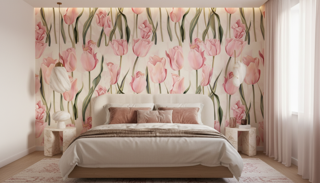 Papier peint tulipes roses délicates sur fond beige élégant - Chambre adulte