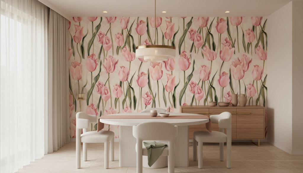 Papier peint tulipes roses délicates sur fond beige élégant - Salle à manger