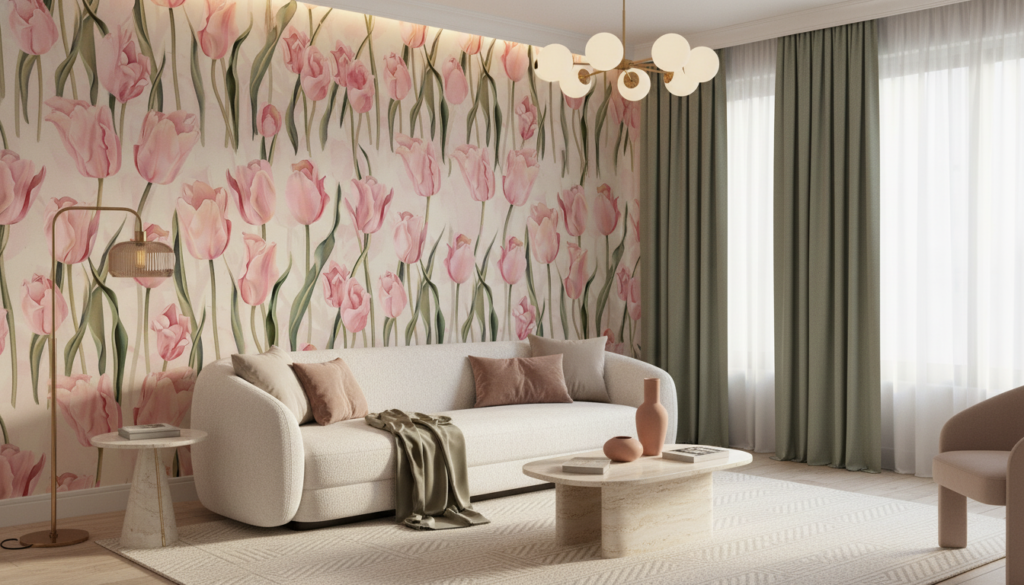 Papier peint tulipes roses délicates sur fond beige élégant - Salon / Séjour