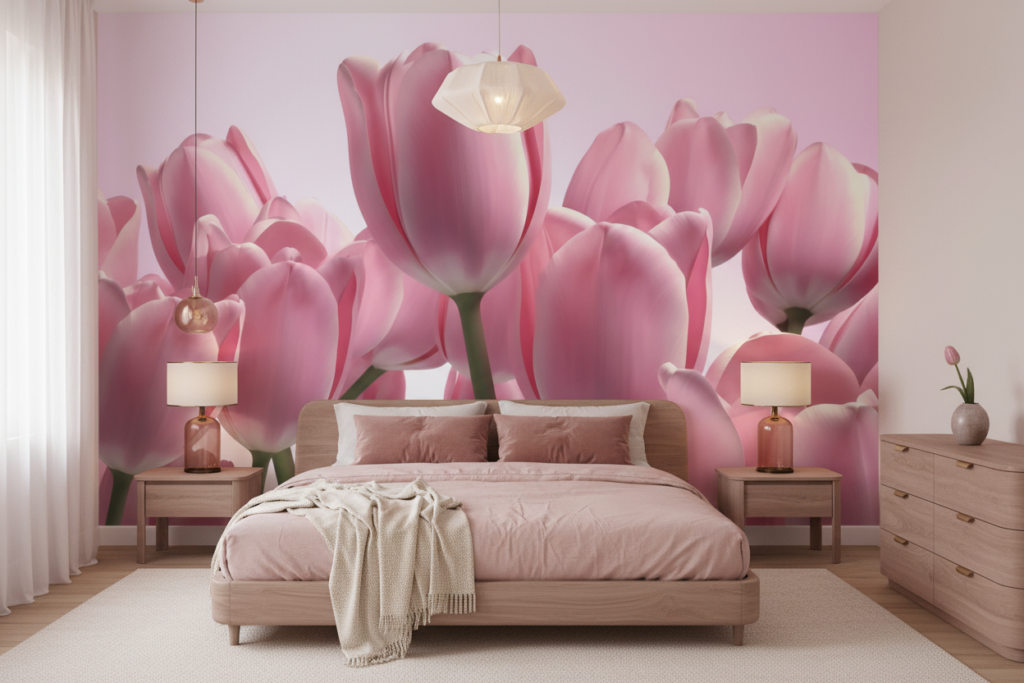 Papier peint tulipes roses délicates sur fond doux pastel - Chambre adulte