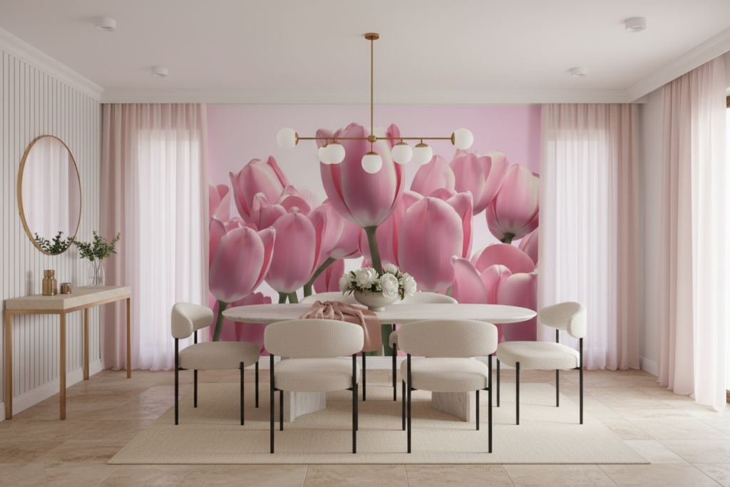 Papier peint tulipes roses délicates sur fond doux pastel - Salle à manger