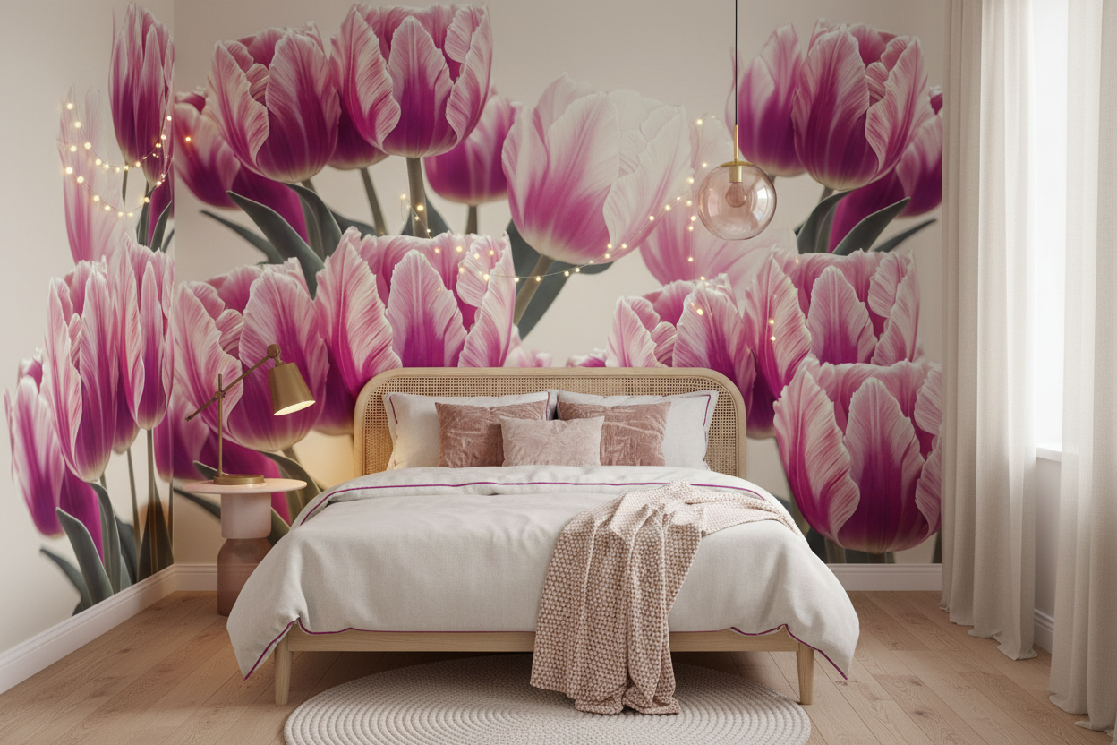 Papier peint tulipes roses et blanches style romantique vintage - Chambre ado