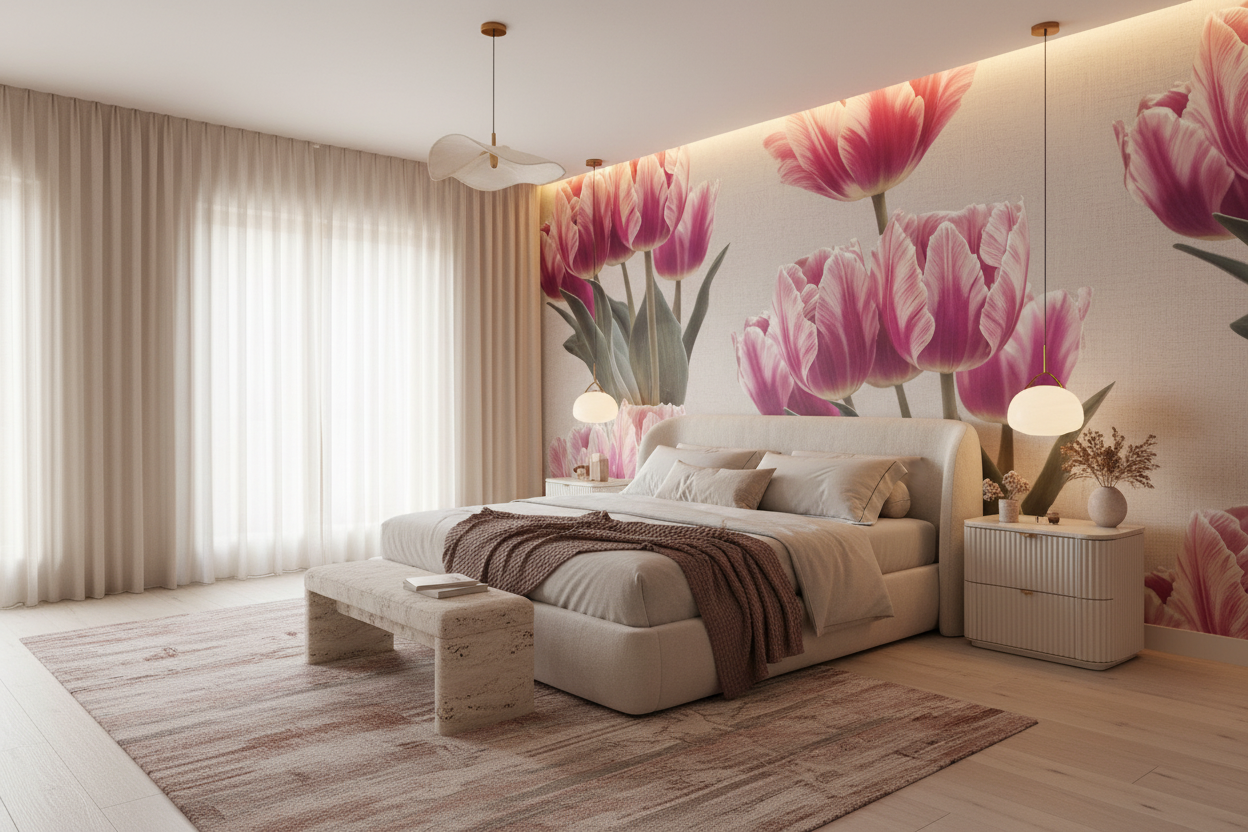 Papier peint tulipes roses et blanches style romantique vintage - Chambre adulte