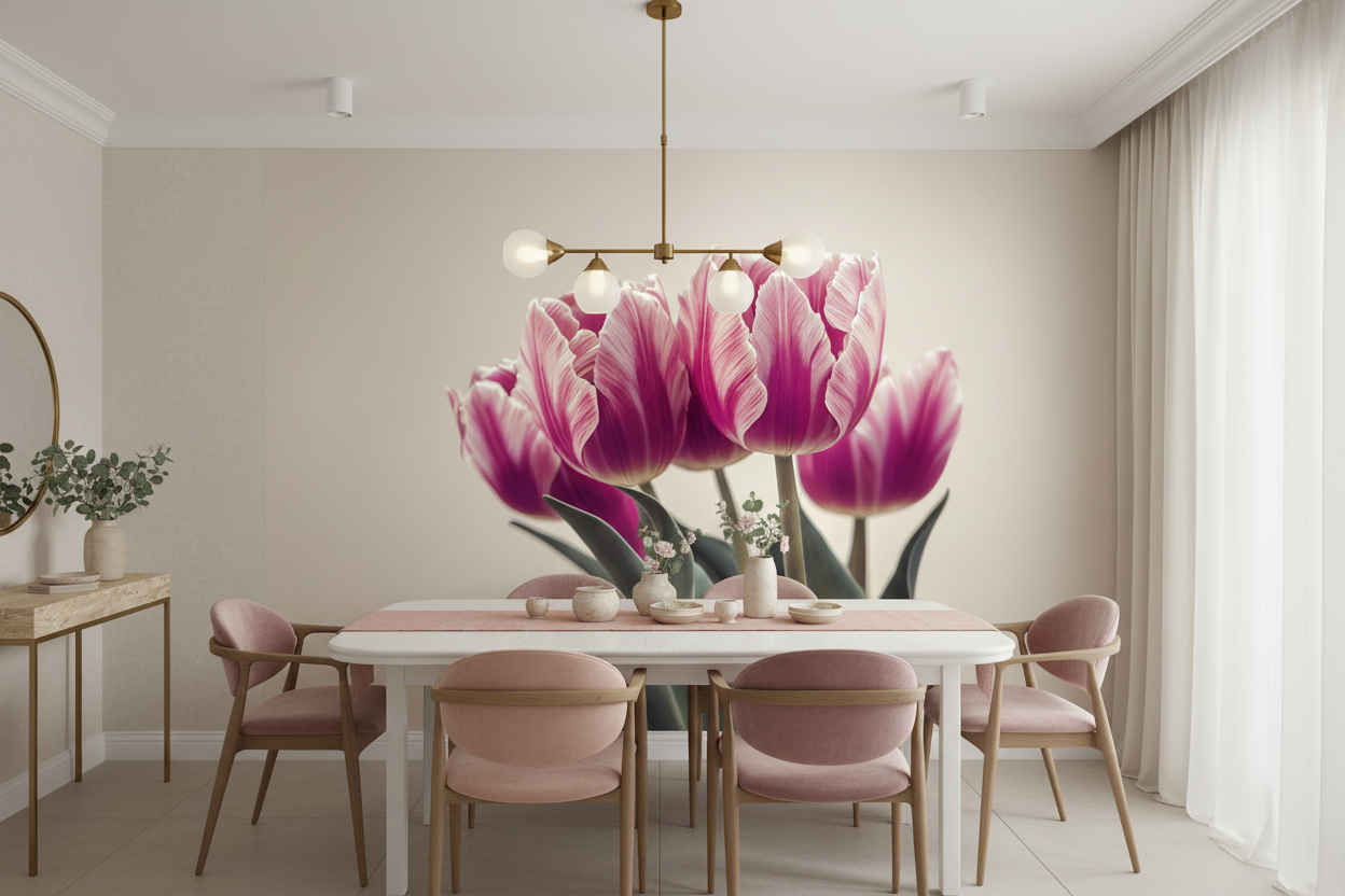 Papier peint tulipes roses et blanches style romantique vintage - Salle à manger