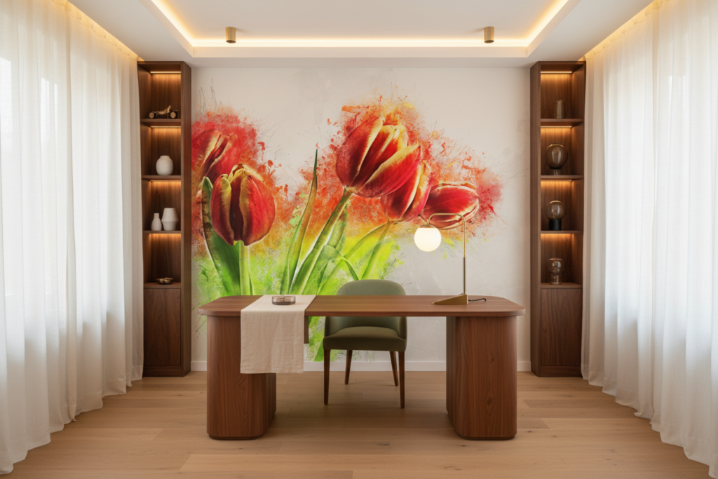 Papier Peint Tulipes Rouges Artistique Style Aquarelle Moderne - Bureau