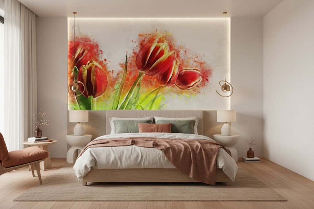 Papier Peint Tulipes Rouges Artistique Style Aquarelle Moderne - Chambre adulte