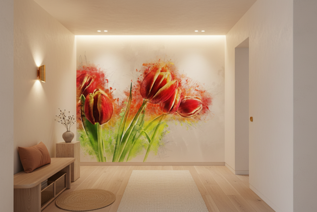 Papier Peint Tulipes Rouges Artistique Style Aquarelle Moderne - Entrée