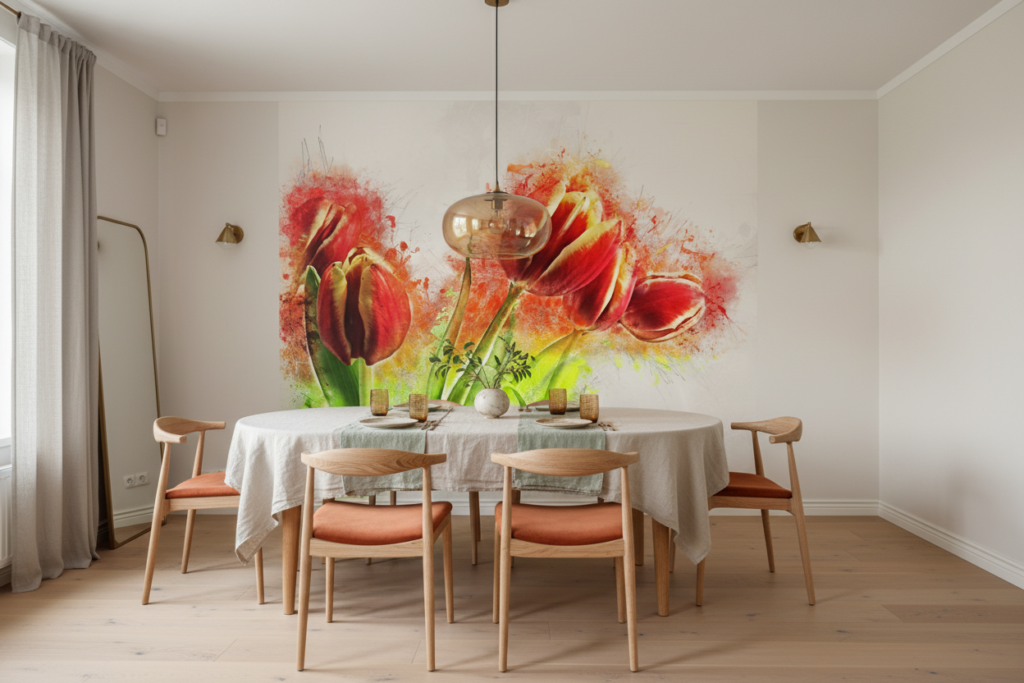 Papier Peint Tulipes Rouges Artistique Style Aquarelle Moderne - Salle à manger