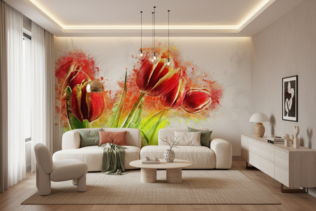 Papier Peint Tulipes Rouges Artistique Style Aquarelle Moderne - Salon / Séjour