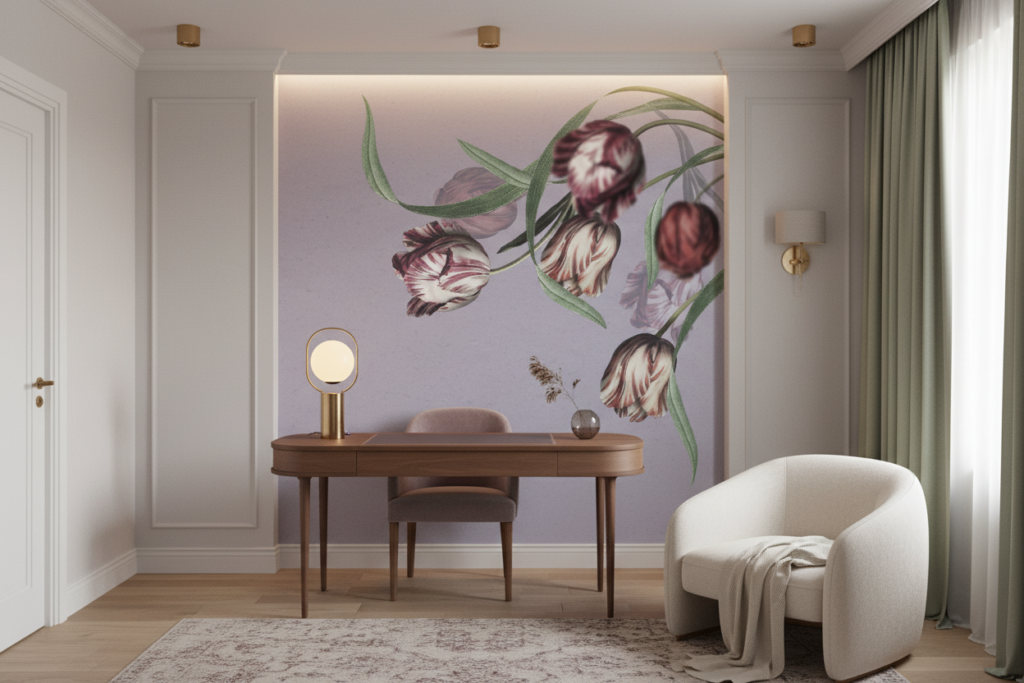 Papier peint tulipes vintage sur fond mauve délicat et romantique - Bureau