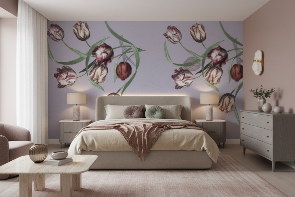 Papier peint tulipes vintage sur fond mauve délicat et romantique - Chambre adulte