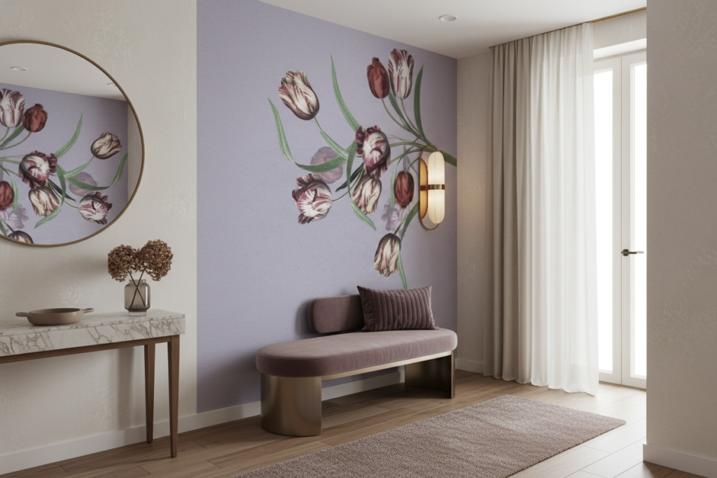 Papier peint tulipes vintage sur fond mauve délicat et romantique - Entrée