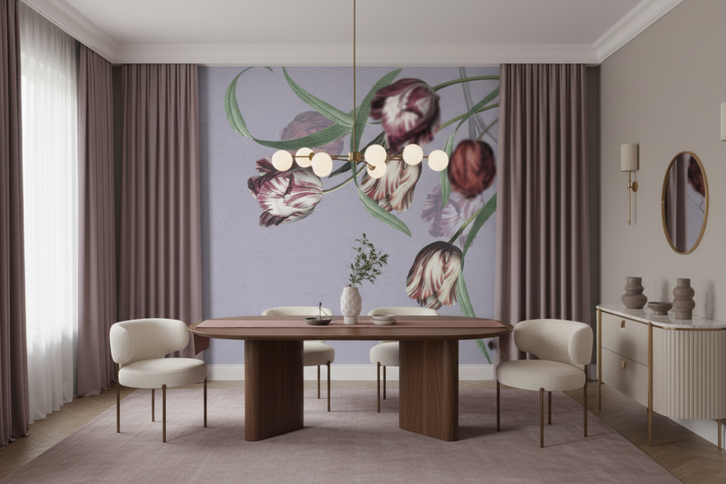 Papier peint tulipes vintage sur fond mauve délicat et romantique - Salle à manger