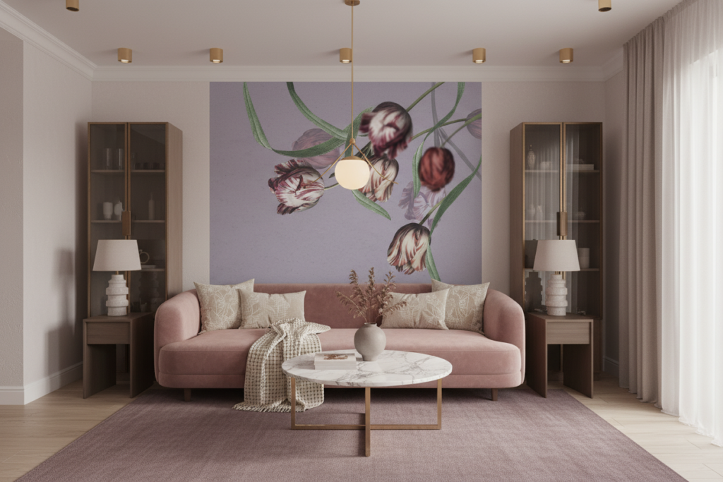 Papier peint tulipes vintage sur fond mauve délicat et romantique - Salon / Séjour