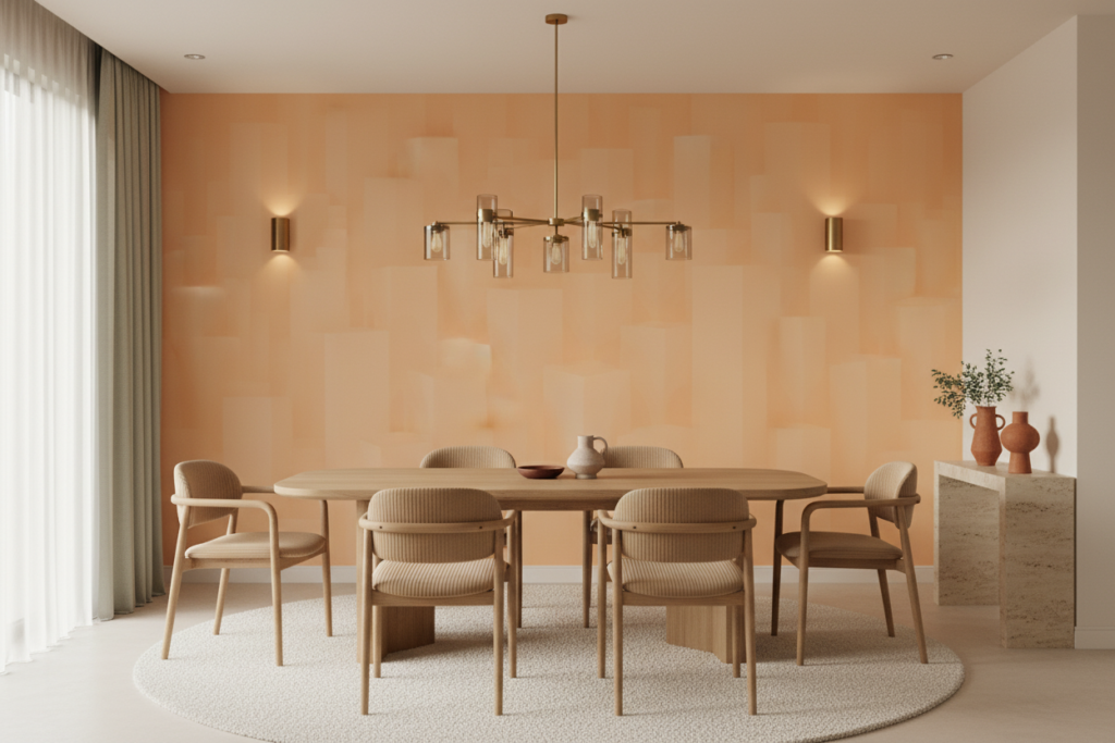 Papier peint uni orange doux ambiance chaleureuse moderne - Salle à manger