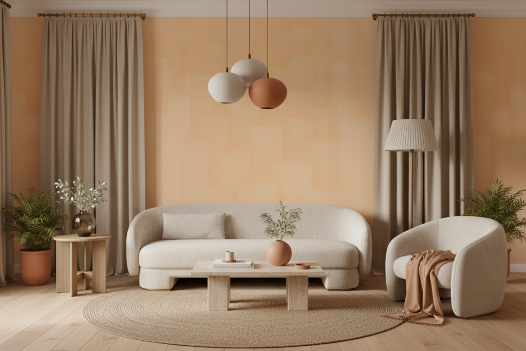 Papier peint uni orange doux ambiance chaleureuse moderne - Salon / Séjour