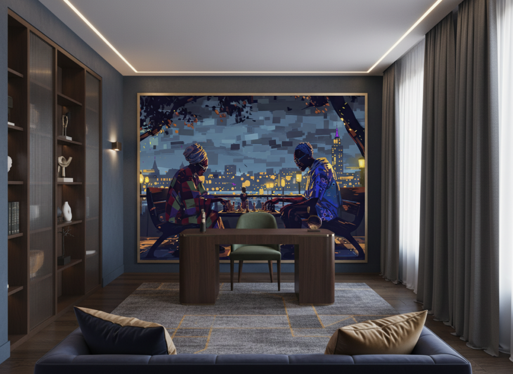 Papier Peint Urbain Deux Joueurs d'Échecs Sous Éclairage Nocturne Artistique - Bureau