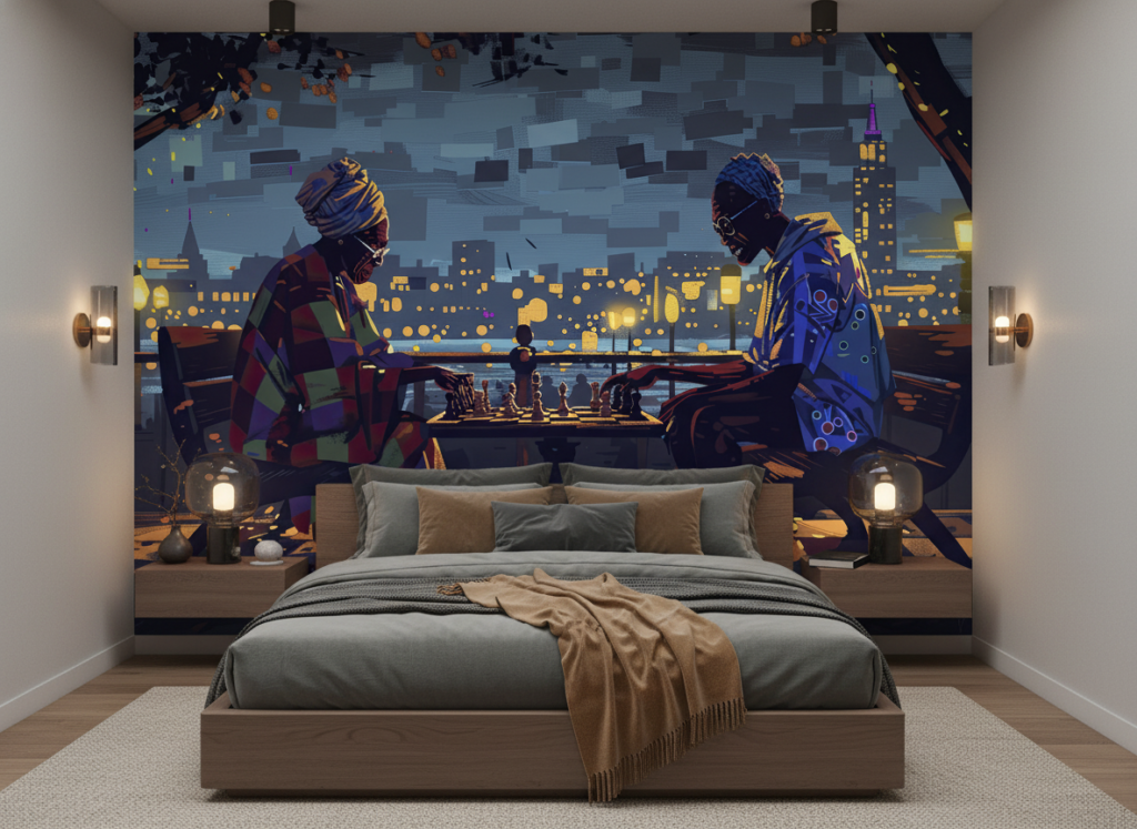 Papier Peint Urbain Deux Joueurs d'Échecs Sous Éclairage Nocturne Artistique - Chambre adulte